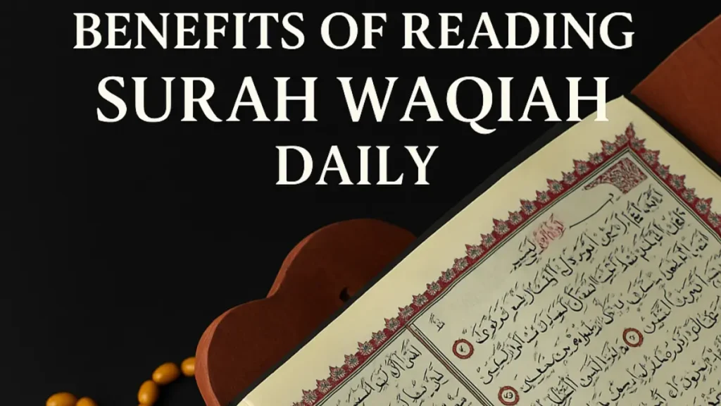 Open Quran displaying Surah Waqiah on a wooden rehal with prayer beads, highlighting the benefits of reading it daily.